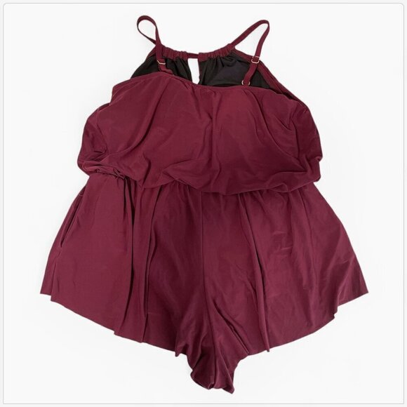 AquaGreen Burgundy Currant High Neck Swim Romper One Piece Swimsuit NWT Plus 20W - Picture 4 of 6